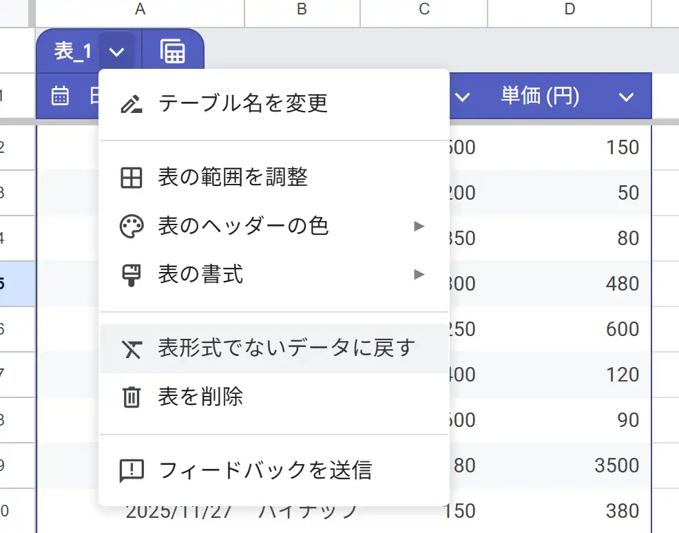 表形式ではないデータに戻す